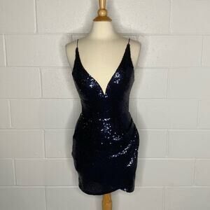 Navy Sequins Deep V Neck Open Back Formal Mini Dress P